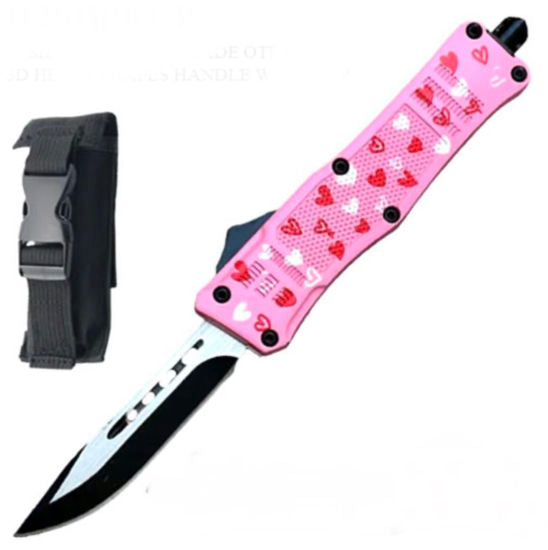 OTF Automatic Knife 112SHPKCP – Two-Tone Blade, Pink 3D Heart Zinc Alloy Handle