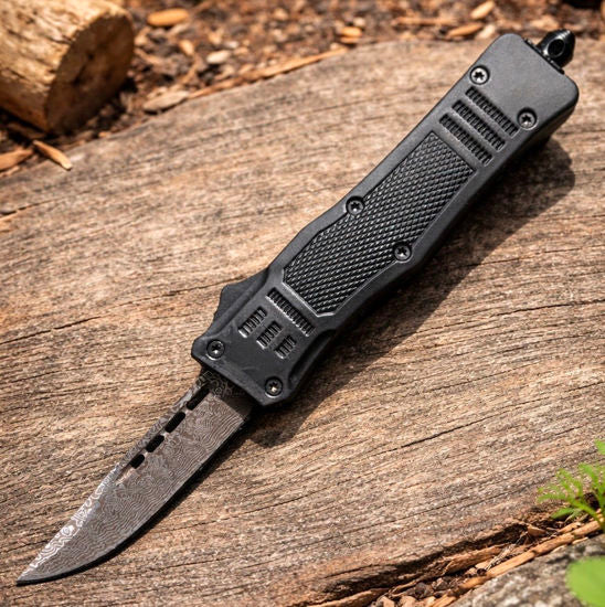 OTF Automatic Knife 112SBKCD – Damascus Pattern Drop Point Blade, Black Handle