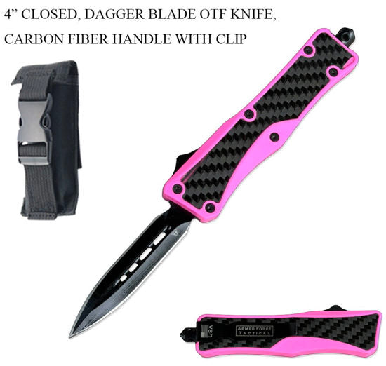 OTF Automatic Knife 291SPKCFDB – 440 Dagger Blade, Pink Zinc Alloy Frame with Carbon Fiber Scales