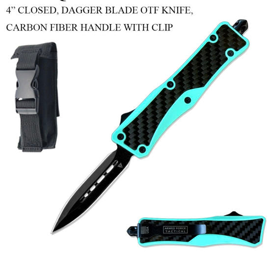 OTF Automatic Knife 291STQCFDB – 440 Dagger Blade, Teal Zinc Alloy Frame with Carbon Fiber Scales