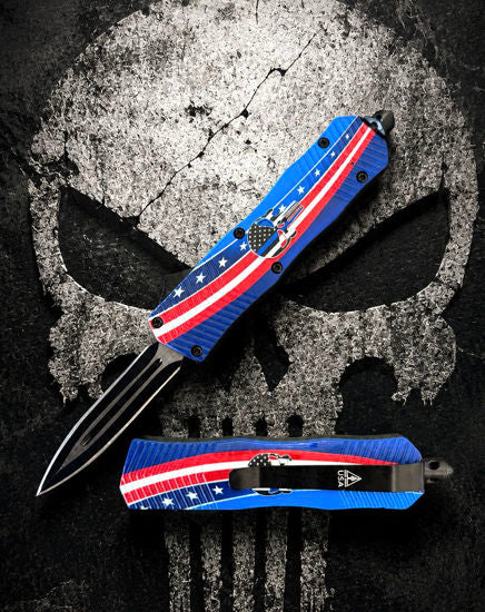OTF Automatic Knife 2781 – Black Dagger Blade, Blue American Flag & Skull Handle