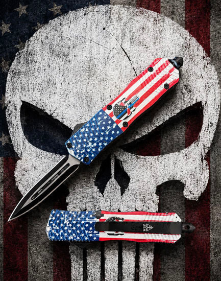 OTF Automatic Knife 2782 – Black Dagger Blade, Stars & Stripes American Flag & Skull Handle