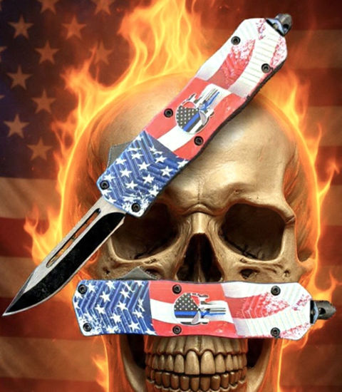 OTF Automatic Knife 2784 – Black Drop Point Blade, Red, White & Blue American Flag & Skull Handle