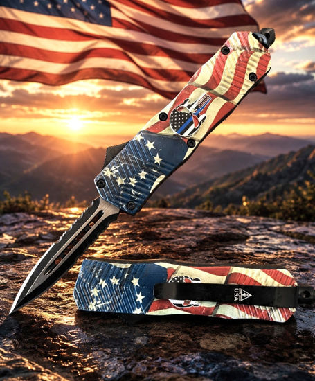 OTF Automatic Knife 2785 – Black Dagger Blade, Vintage American Flag & Skull Handle