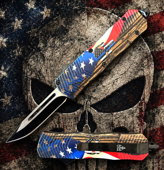 OTF Automatic Knife 2786 – Black Drop Point Blade, Tan American Flag & Skull Handle