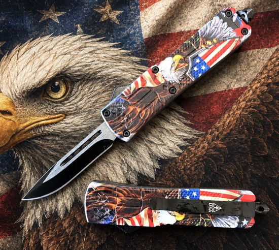 OTF Automatic Knife 2787 – Black Drop Point Blade, Eagle & American Flag Handle