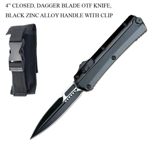 OTF Automatic Knife 445SBK – Black Dagger Blade, Black Zinc Alloy Handle