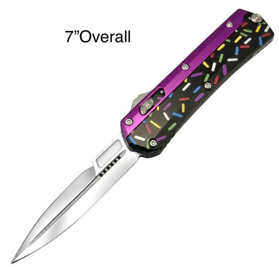 OTF Automatic Knife 445SPL – Satin Dagger Blade, Purple & Black Sprinkle Handle