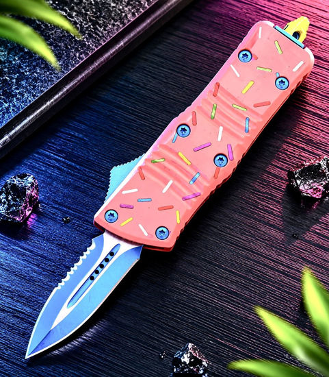 Mini OTF Automatic Knife 237PKSP – Half-Serrated Dagger Blade, Pink Sprinkle Zinc Alloy Handle
