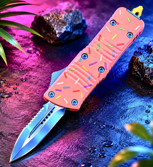 Mini OTF Automatic Knife 237PKSP – Half-Serrated Dagger Blade, Pink Sprinkle Zinc Alloy Handle
