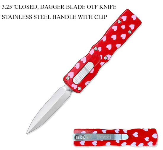 Mini OTF Automatic Knife 224HRD – 440C Dagger Blade, Red Heart Print Handle