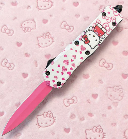 OTF Automatic Knife 9929SHKW – Pink Dagger Blade, White Character Print Handle with Pink Hearts