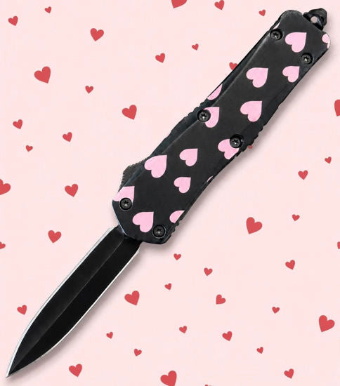 OTF Automatic Knife 9929SHRT – Black Dagger Blade, Black Handle with Pink Heart Print