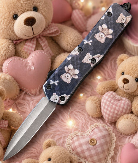 OTF Automatic Knife 9929STDB – Satin Dagger Blade, Navy Teddy Bear Print Handle