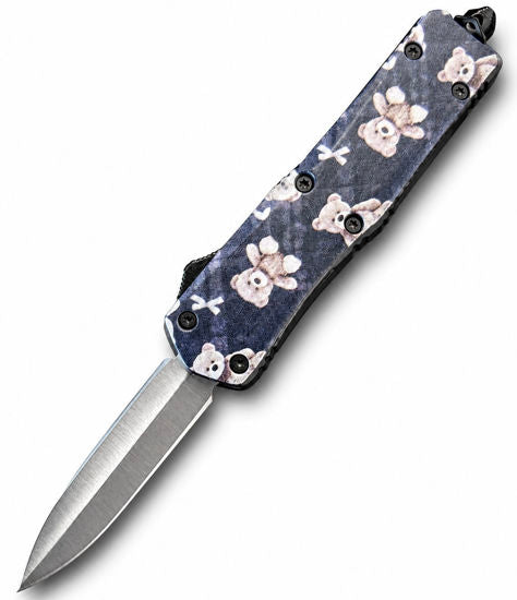OTF Automatic Knife 9929STDB – Satin Dagger Blade, Navy Teddy Bear Print Handle