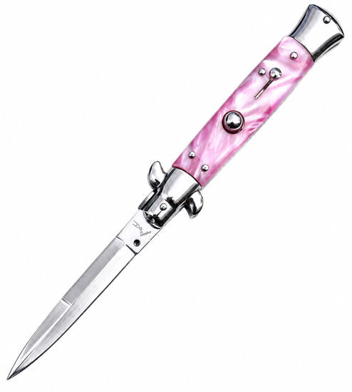 Italian Stiletto Automatic Knife ITA_PK – Satin Stiletto Blade, Pink Marble Resin Handle