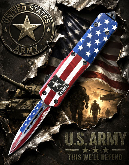OTF Automatic Knife 9929LAR – Flag Print Dagger Blade, American Flag Handle with Military Emblem