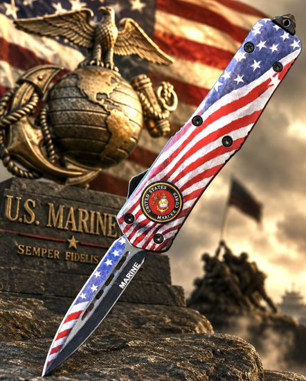OTF Automatic Knife 9929LMR – Flag Print Dagger Blade, American Flag Handle with Military Emblem