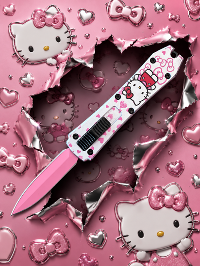Mini OTF Automatic Knife 555HKTW – Pink Dagger Blade, White Character Print Zinc Alloy Handle