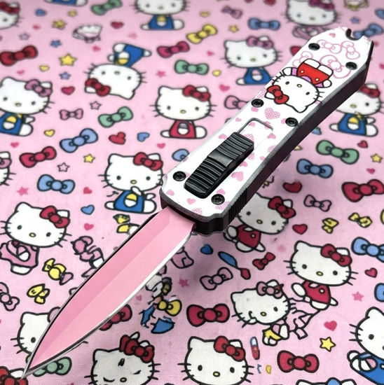 Mini OTF Automatic Knife 555HKTW – Pink Dagger Blade, White Character Print Zinc Alloy Handle