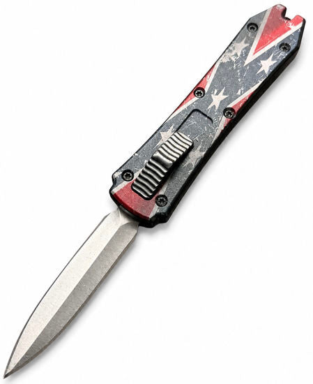 Mini OTF Automatic Knife 114DF – Satin Dagger Blade, Dixie Flag Aluminum Handle