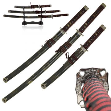 LIONEDGEKNIVES 3-Piece Samurai Katana Set Black SE-58-B4