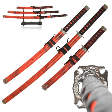 LIONEDGEKNIVES 3-Piece Samurai Katana Set Red SE-58-RD4