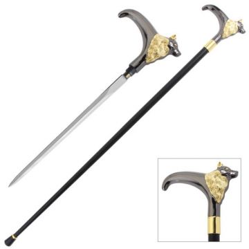 LIONEDGEKNIVES Wolf Walking Cane with Sword 37 Inch SE-5343