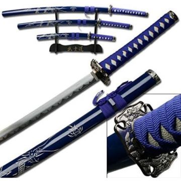 3 Piece Samurai Sword Set Blue Carved Dragon on Scabbard SE-58-BLD4