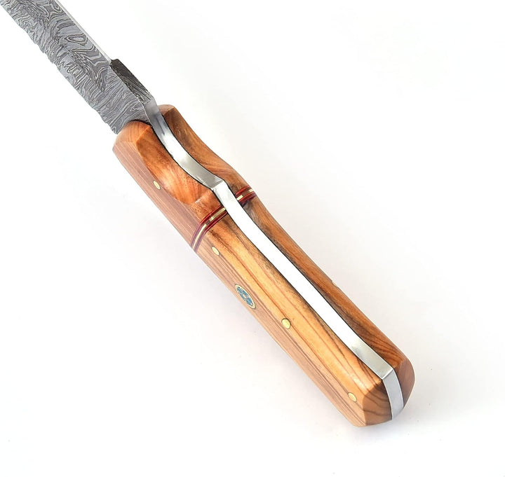 Artisan-Crafted  Damascus Hunting Knife | Olive Wood Handle