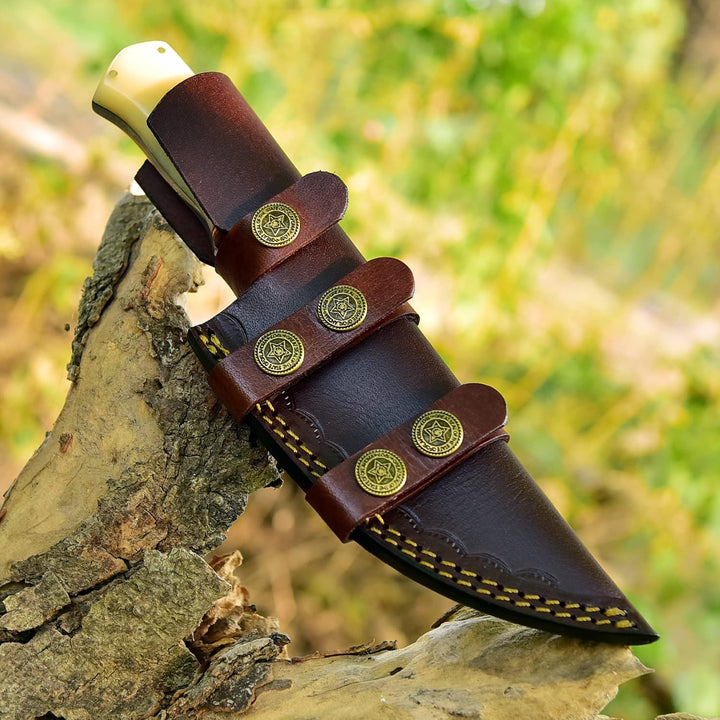 9" Damascus Hunting Knife | Camel Bone and Wood Handle