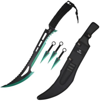 LIONEDGEKNIVES Ninja Sword With Throwing Knife Set Black Green HK-123BKG