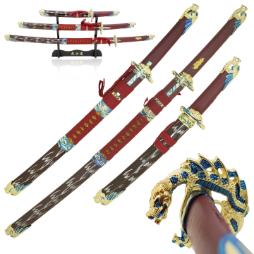 LIONEDGEKNIVES Dragon Samurai Sword Set Wooden Stand Red SE-037-RD4