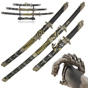 LIONEDGEKNIVES Dragon Samurai Sword Set Wooden Stand Black SE-037-BK4