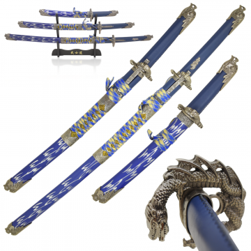 LIONEDGEKNIVES Dragon Samurai Sword Set Wooden Stand Blue SE-037-BL4