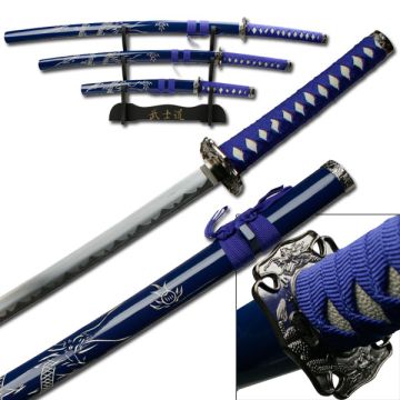 LIONEDGEKNIVES Samurai Sword Set Display Stand Blue Dragon YK-58BLD4
