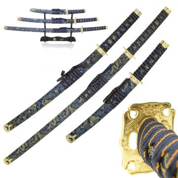 3-Piece Samurai Sword Set with Display Stand Black and Green JL-021BL4